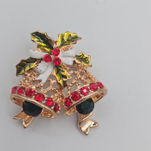 VTG 2PC Christmas Holiday Brooches Gold Silver Tone Colored Rhinestone Festive - Picture 2 of 14
